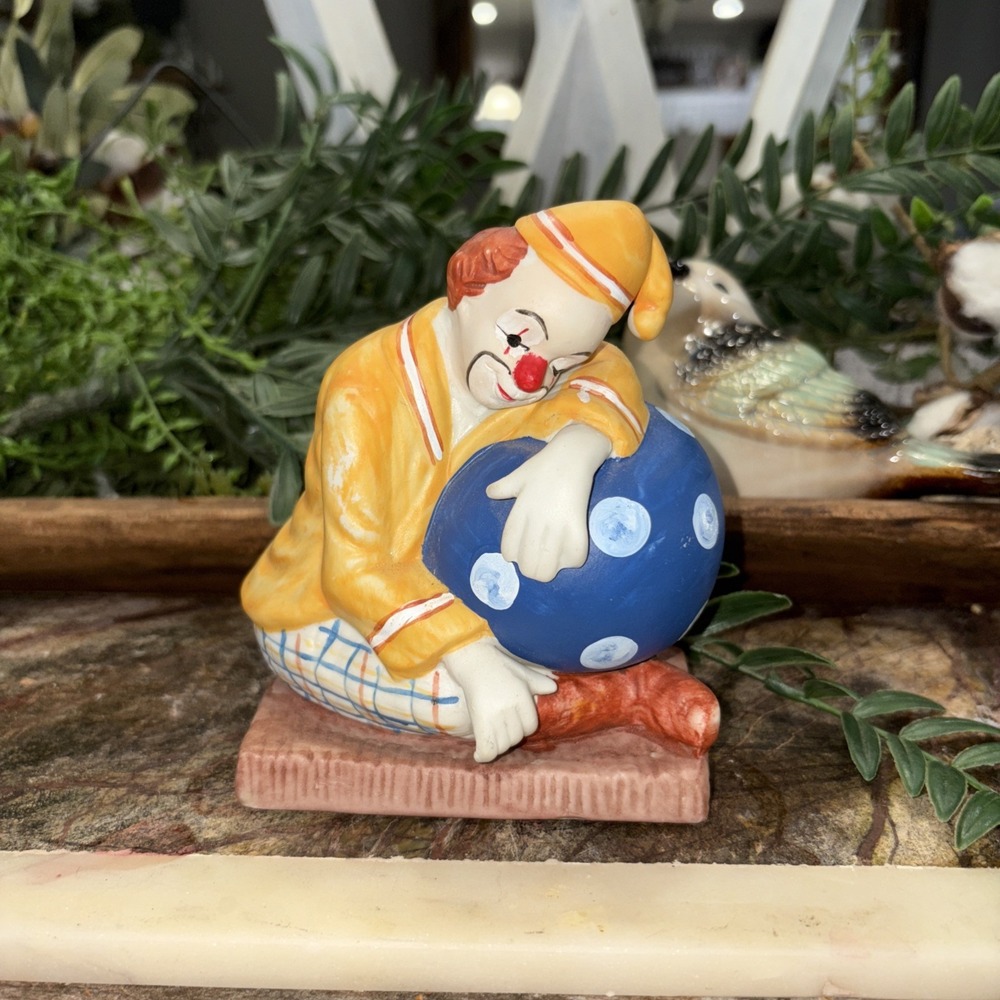 Price Products Hand Painted Ceramic Clown. 5x5, 1992. Sleeping On A Spotted Ball